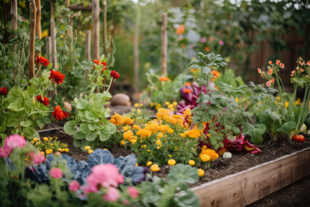 freshly harvested vegetables in a garden bed surrounded by blooming flowers, created with generative aiの素材