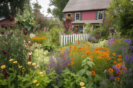 cottage garden with colorful blooms and fresh vegetables, created with generative aiの素材