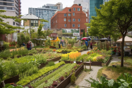 well-tended flower beds and vegetable patches in the heart of bustling city, created with generative aiの素材
