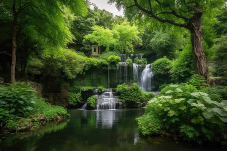 forest oasis with waterfall, surrounded by lush greenery, created with generative aiの素材