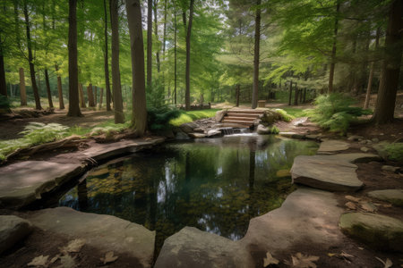 forest oasis with babbling brook and tranquil setting, created with generative aiの素材