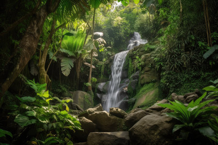 waterfalls and lush greenery in the forest oasis, created with generative aiの素材