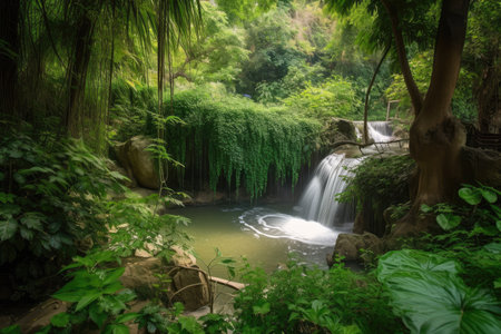 waterfalls and lush greenery in the forest oasis, created with generative aiの素材