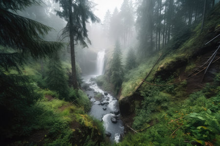 forest oasis surrounded by mist and fog, with waterfalls and streams, created with generative aiの素材