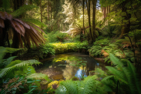 magical forest oasis with glistening pond, surrounded by tall trees and ferns, created with generative aiの素材