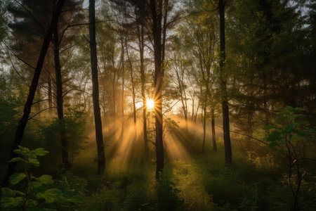 sunrise, with the first rays of light shining through the trees, created with generative aiの素材