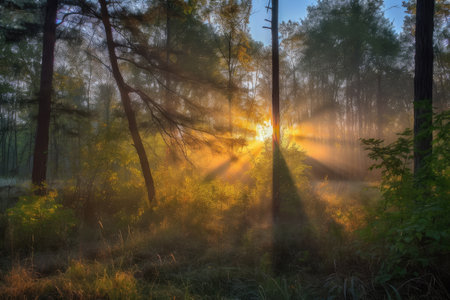 sunrise, with the first rays of light shining through the trees, created with generative aiの素材