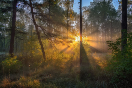 Photo for sunrise, with the first rays of light shining through the trees, created with generative ai - Royalty Free Image