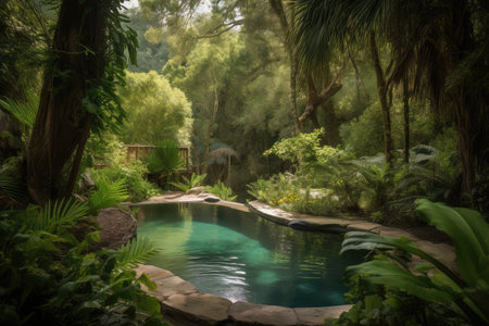pool surrounded by lush greenery in serene forest oasis, created with generative aiの素材