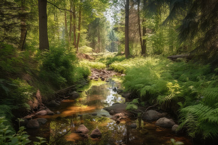 forest oasis with babbling brook, surrounded by greenery and wildlife, created with generative aiの素材