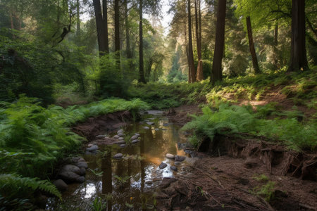 forest oasis with babbling brook, surrounded by greenery and wildlife, created with generative aiの素材