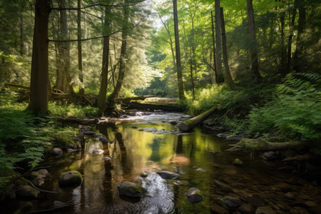 peaceful forest oasis with babbling brook and towering trees, created with generative aiの素材