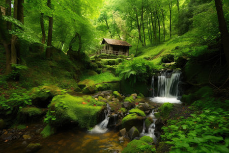 forest oasis with small waterfall, surrounded by lush greenery, created with generative aiの素材