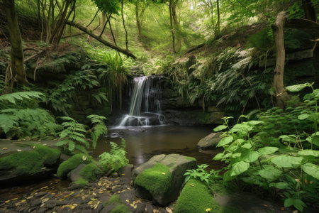 forest oasis with small waterfall, surrounded by lush greenery, created with generative aiの素材