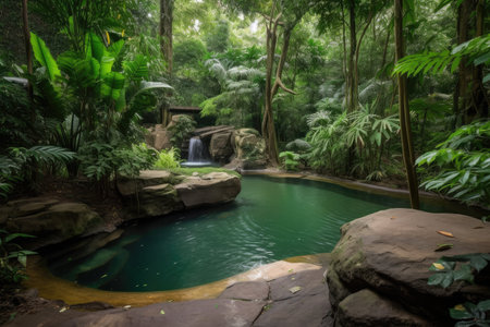 forest oasis with rushing waterfall and peaceful pool, created with generative aiの素材