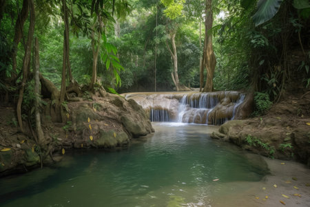 forest oasis with rushing waterfall and peaceful pool, created with generative aiの素材