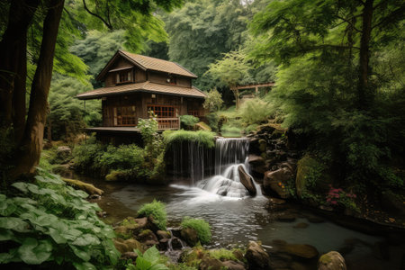 forest oasis with waterfall, surrounded by greenery and tranquility, created with generative aiの素材