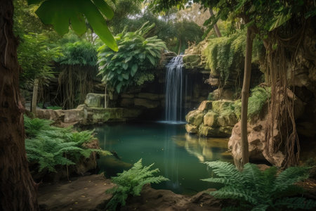 forest oasis with waterfall, surrounded by greenery, created with generative aiの素材
