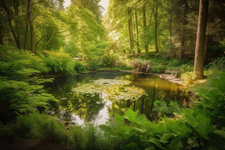 forest oasis with tranquil pond, surrounded by lush greenery, created with generative aiの素材