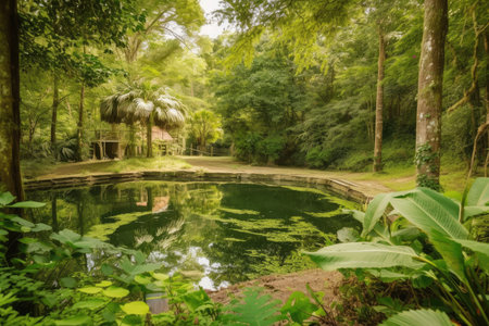 forest oasis with tranquil pond, surrounded by lush greenery, created with generative aiの素材