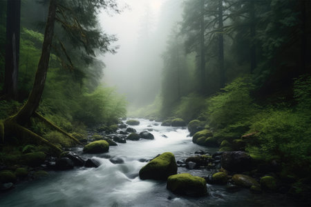 river, cascading through forest oasis, with mist rising from the water, created with generative aiの素材