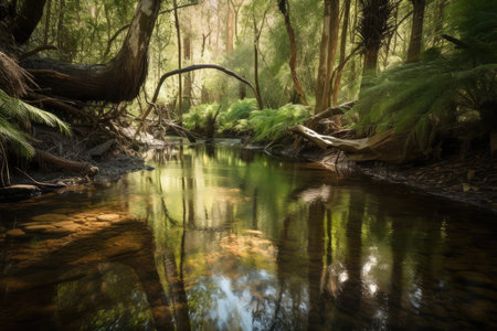 crystal-clear stream flowing past forest oasis, with reflections of the trees in the water, created with generative aiの素材