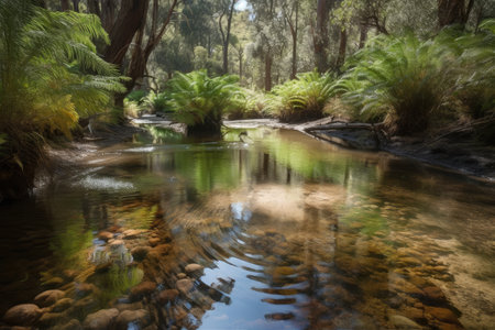 crystal-clear stream flowing past forest oasis, with reflections of the trees in the water, created with generative aiの素材