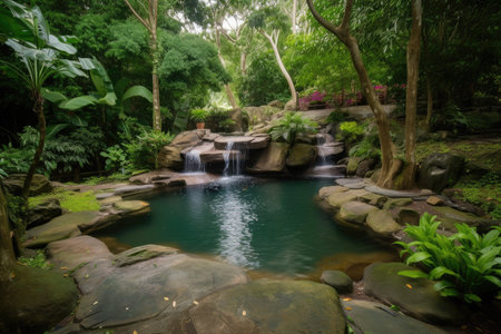 forest oasis with waterfall and tranquil pool, surrounded by greenery, created with generative aiの素材