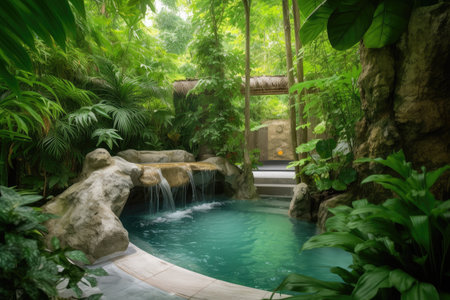 forest oasis with waterfall and tranquil pool, surrounded by greenery, created with generative aiの素材