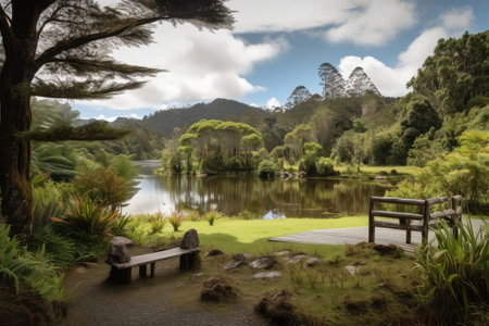 forest oasis, with view of tranquil lake and towering mountains in the background, created with generative aiの素材