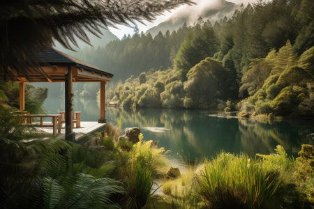 forest oasis, with view of tranquil lake and towering mountains in the background, created with generative aiの素材