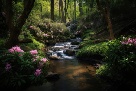 forest oasis with stream, waterfall, and blooming flowers, created with generative aiの素材
