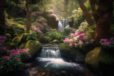 forest oasis with stream, waterfall, and blooming flowers, created with generative aiの素材