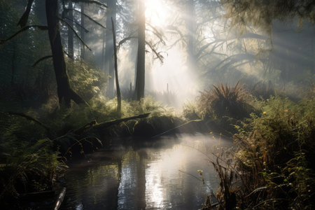 forest oasis, with mist rising from the water and sunlight filtering through the trees, created with generative aiの素材