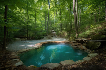 peaceful forest oasis with hidden pool and waterfall, created with generative aiの素材