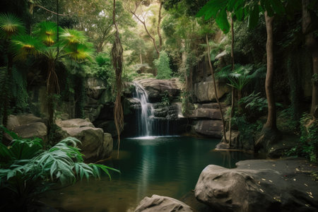 forest oasis with waterfall and natural pool, surrounded by greenery, created with generative aiの素材