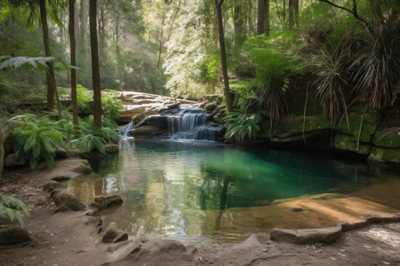 forest oasis, with waterfall cascading into natural pool, created with generative aiの素材