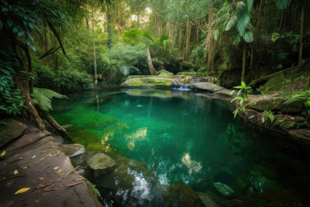 forest oasis, with waterfall cascading into natural pool, created with generative aiの素材