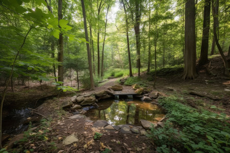 secluded forest oasis surrounded by tall trees and a babbling brook, created with generative aiの素材