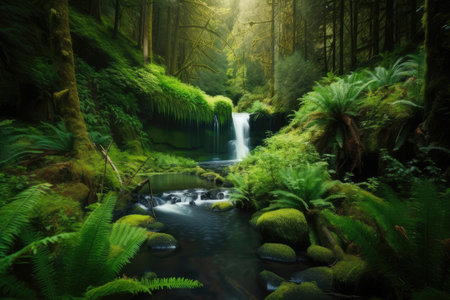forest oasis, with waterfall and stream, surrounded by greenery, created with generative aiの素材