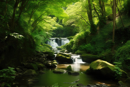forest oasis with crystal-clear stream and waterfall, surrounded by lush greenery, created with generative aiの素材