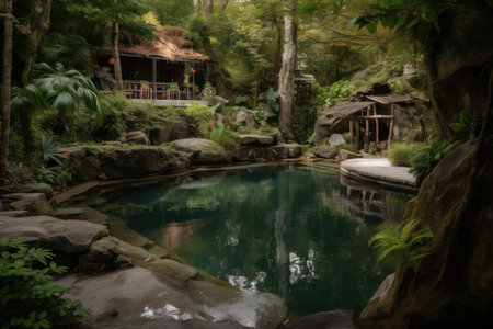 forest oasis with waterfall and natural pool, surrounded by lush greenery, created with generative aiの素材