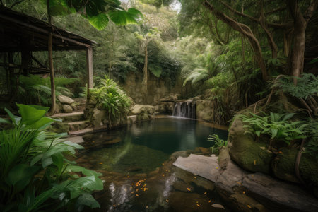 forest oasis with waterfall and natural pool, surrounded by lush greenery, created with generative aiの素材
