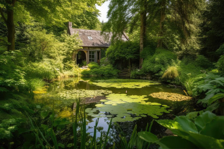 forest oasis with tranquil pond surrounded by lush greenery, created with generative aiの素材
