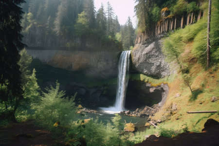 rocky cliff with waterfall and forest oasis in the background, created with generative aiの素材