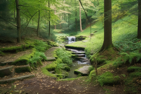 wooded path leading to hidden clearing with babbling brook and waterfall, created with generative aiの素材