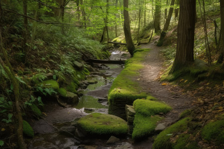 wooded path leading to hidden clearing with babbling brook and waterfall, created with generative aiの素材