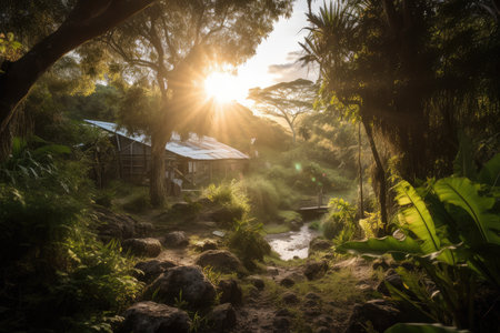forest oasis, with view of the sun setting over the trees, created with generative aiの素材