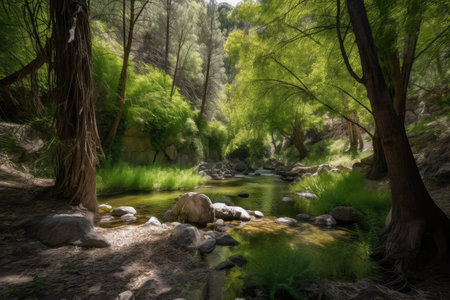 forest oasis with crystal-clear stream and cool, shady trees, created with generative aiの素材