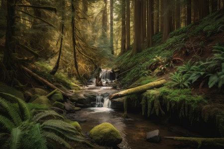 forest oasis with babbling brook and waterfall, surrounded by towering trees, created with generative aiの素材